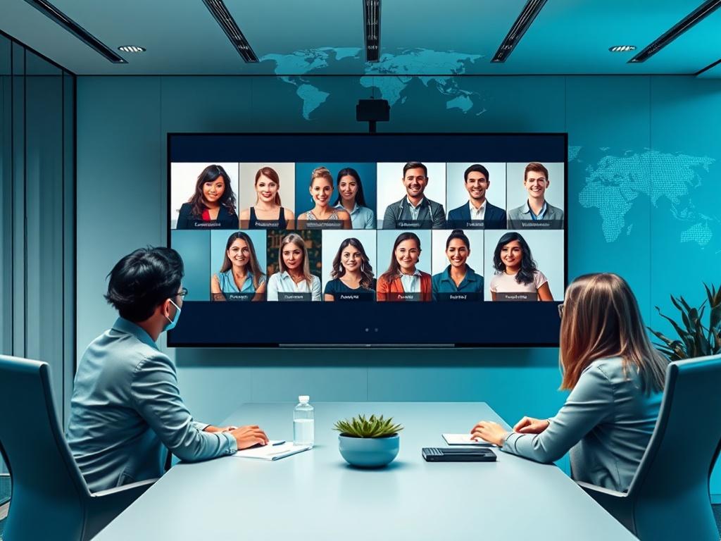 A professional team conducting a virtual meeting focused on global talent acquisition. The setting features a sleek, modern office environment with a large screen displaying diverse candidates' profiles. The team is engaged in discussion, showcasing a blend of cultures and backgrounds. The color palette emphasizes cool tones with shades of rich blues and soft grays. A subtle world map is visible in the background, symbolizing international collaboration.