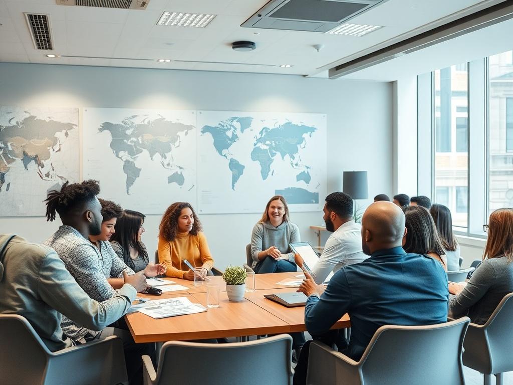 A dynamic training session in progress, featuring diverse participants engaging in interactive activities. The setting is a bright, modern training room with visuals depicting various cultures. Participants are actively sharing ideas and experiences, showcasing enthusiasm and collaboration. The atmosphere is warm and inviting, emphasizing a sense of unity across differences, with rich blues and soft grays in decor.