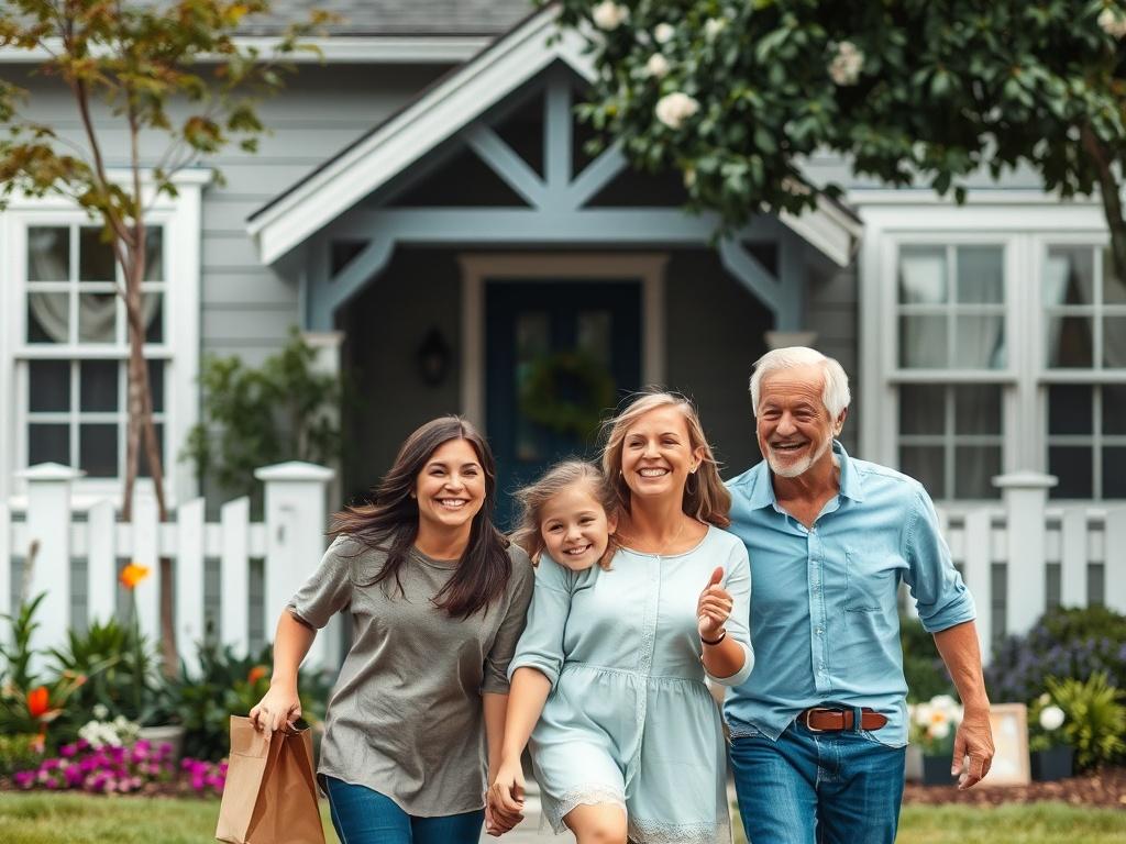 A family happily exploring their new neighborhood after relocation. The scene captures them in front of a cozy home with a welcoming garden, showcasing a sense of community. The vibrant atmosphere reflects excitement and optimism, with soft grays and rich blues in the background, symbolizing a fresh start in a new environment.