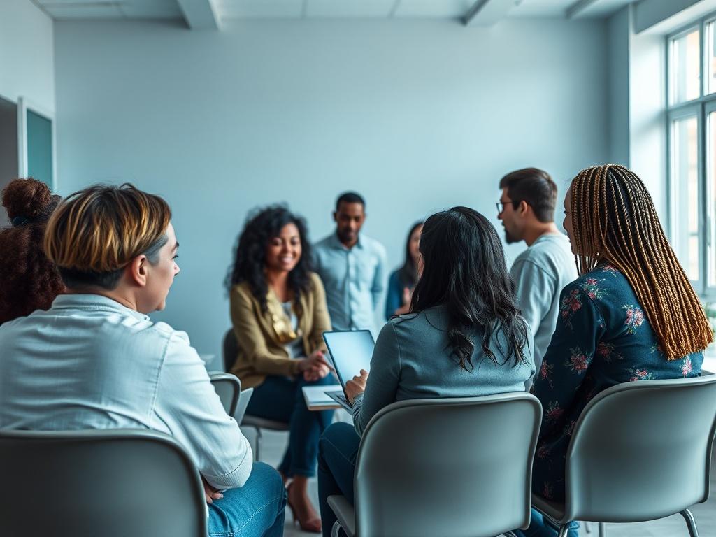 A realistic high-resolution photo of a diverse group participating in an engaging cultural integration workshop, interacting with facilitators in a bright, inviting room. The background should feature cool tones, emphasizing a welcoming and collaborative learning environment.
