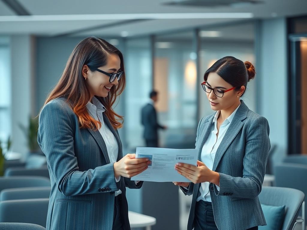 A realistic high-resolution photo of a professional consultant assisting a client with visa paperwork in a modern office environment. The setting should include cool-toned elements with rich blues and soft grays, creating a calm and focused atmosphere.