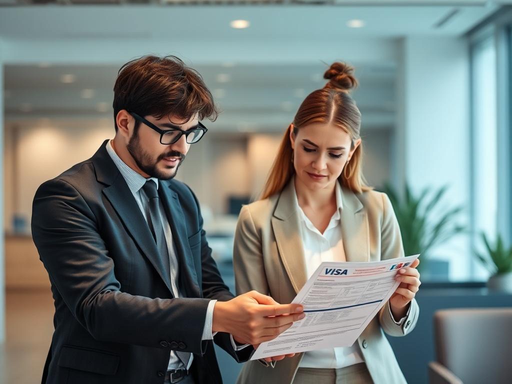 A consultant reviewing visa documents with a client in a modern office, showcasing professionalism and attention to detail. The background features cool-toned colors, including shades of rich blues and soft grays, creating a calm and focused environment.