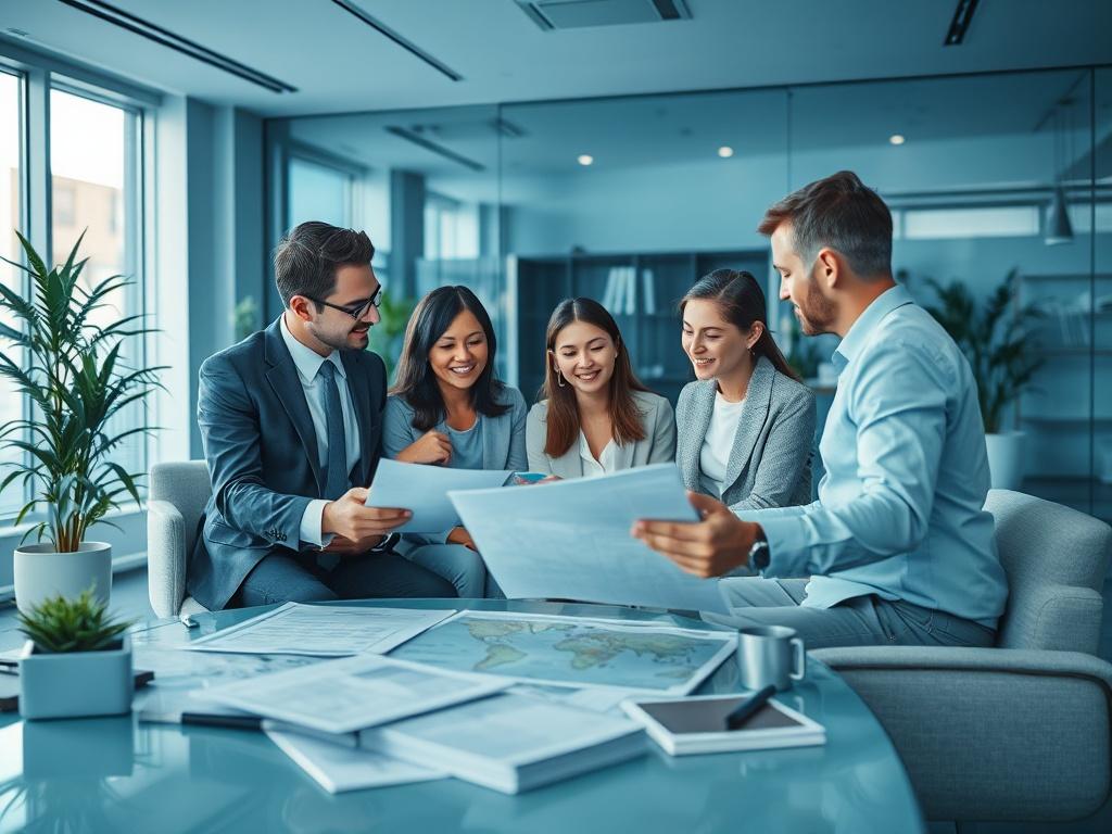 A professional consultant assisting a family in an office setting, surrounded by documents and maps related to international relocation. The background features a modern office with cool-toned colors, incorporating shades of rich blues and soft grays, creating a calm and inviting atmosphere.