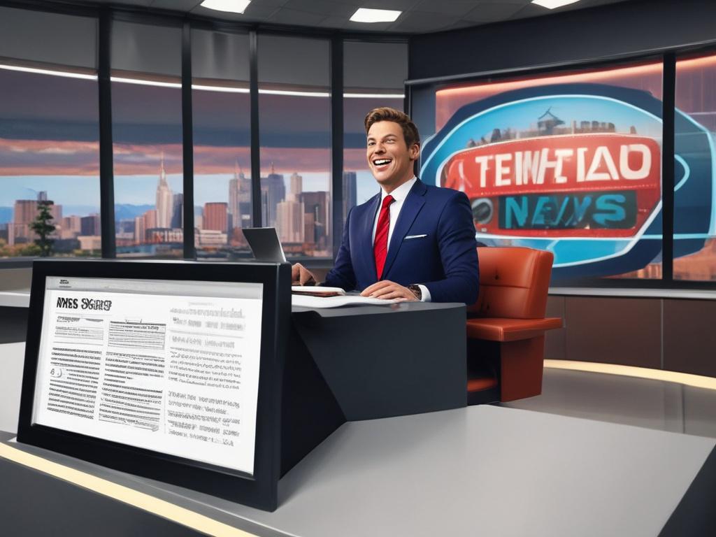 A high resolution, photorealistic image of a news anchor laughing