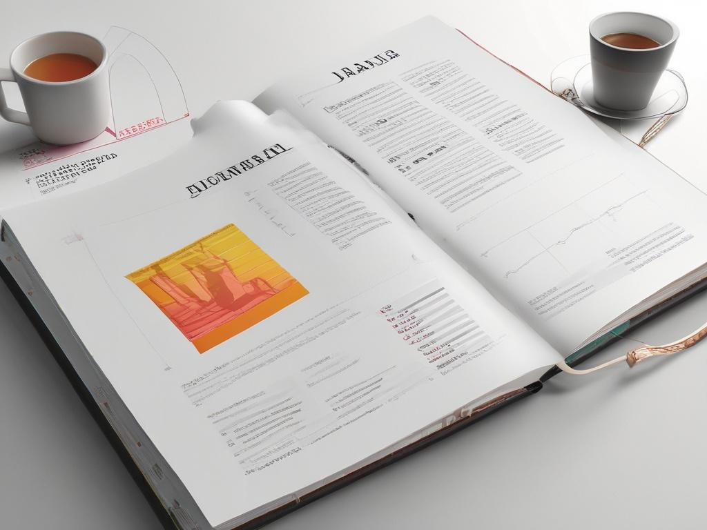 A realistic high-resolution photo of an open satirical academic journal on a clean, minimalist table. The page should showcase a colorful chart and humorous illustrations. The background should include a soft-focus view of a cozy reading nook, emphasizing a warm and inviting atmosphere with bold colors.