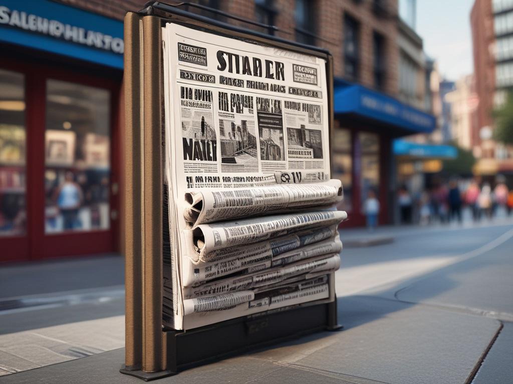A vibrant, high-resolution photo of a newspaper stand filled with satirical newspapers, each featuring exaggerated headlines. The background is a bustling urban setting, with people passing by, some stopping to laugh at the headlines. The focus is on the colorful newspaper covers, showcasing a variety of humorous topics. The image captures the essence of satire in a lively environment.