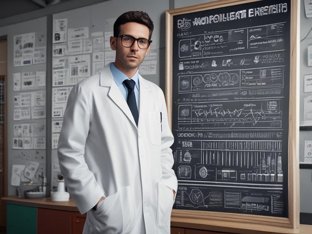 A realistic high-resolution photo of a scientist in a lab coat, standing next to a giant, humorous chart filled with absurd research findings. The background features a clean, minimalistic lab with vibrant colors. The scientist has a comical expression, and the chart dominates the scene, showcasing exaggerated results. The overall composition is simple and clear, focusing on the scientist and the chart.