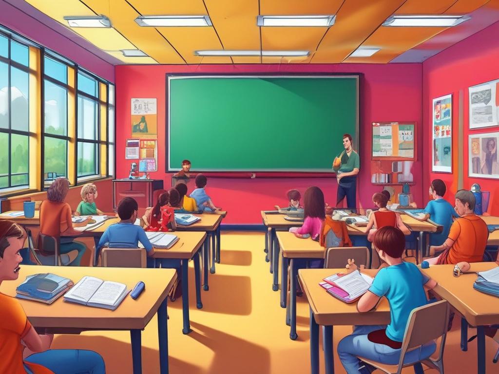 A high-resolution photo of a cartoonish classroom scene, filled with exaggerated student expressions and humorous interactions. The classroom is bright and colorful, featuring funny posters on the walls. The focus is on a central character—a student with a bewildered expression—surrounded by comical chaos. The overall composition is engaging and lighthearted, perfect for conveying humor.