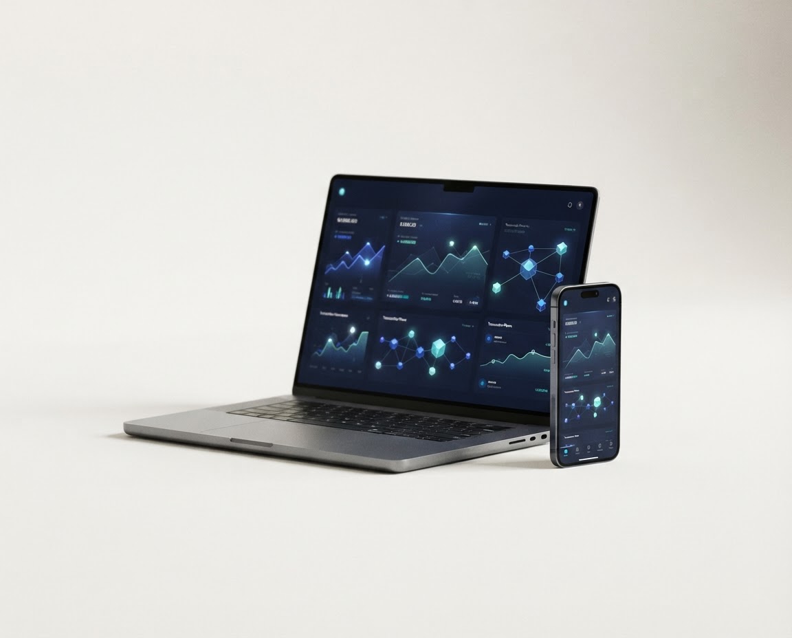 Illustration of a laptop and phone displaying a digital wallet interface