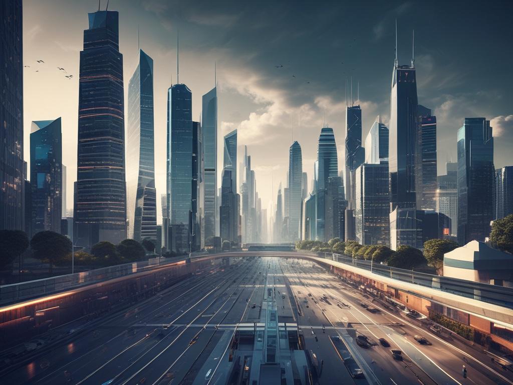 A high resolution image of a futuristic cityscape representing AI