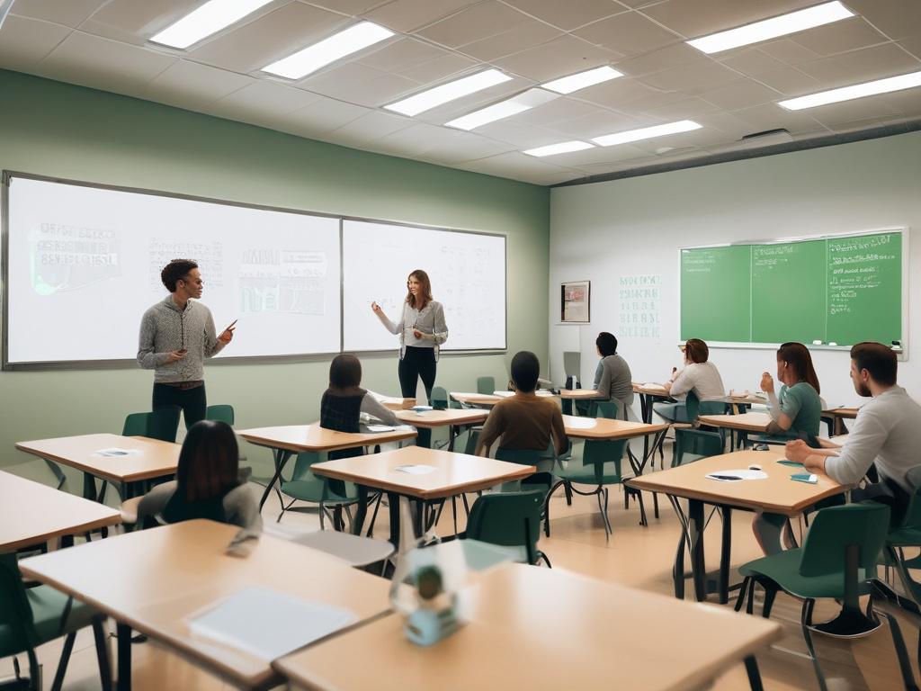 A modern classroom with a focus on AI education, featuring