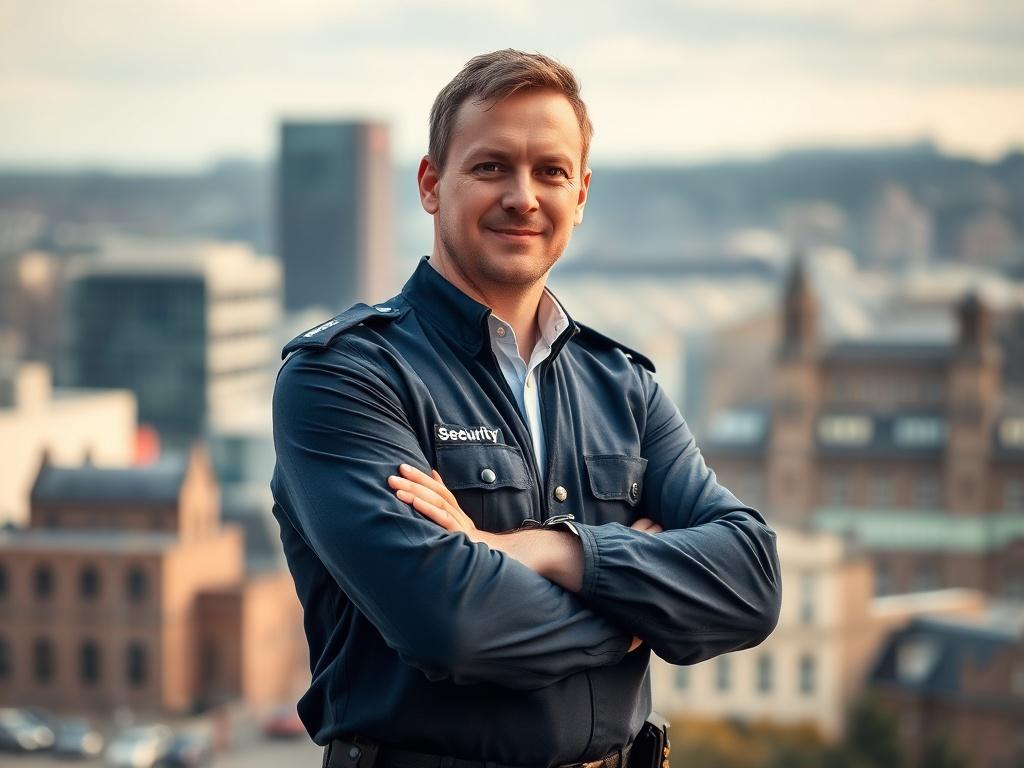 A Scottish man in a crisp security uniform, standing confidently with arms crossed. He has a strong, approachable demeanor and a subtle smile, showcasing professionalism. The background is a blurred cityscape of Glasgow, hinting at a corporate environment. The lighting is warm and inviting, emphasizing the man's features and uniform. The overall composition is clear and focused, capturing the essence of security and trust.
