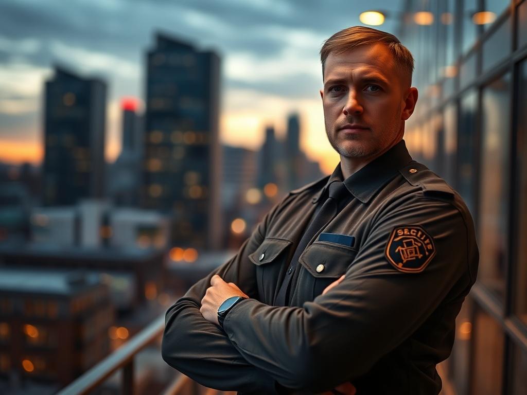 A Scottish man wearing a security uniform without a badge, standing confidently with arms crossed. The background features a blurred cityscape of Glasgow, with modern buildings and an evening sky. The focus is on the man, highlighting his serious yet approachable demeanor. The lighting is warm, emphasizing the colors of the uniform and the city. The image is shot with a 45mm f/1.2 lens to create a realistic high-resolution effect.