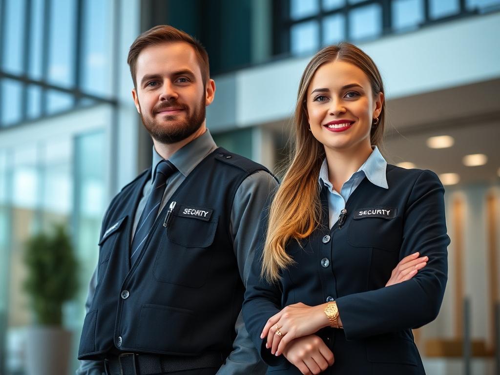 A Scottish man and woman in professional security uniforms standing confidently, showcasing a strong and approachable demeanor. The background features a corporate office building, emphasizing a secure environment. The image should capture their vigilance and professionalism while maintaining a warm and welcoming atmosphere. The composition should be simple and clear, focusing on the two security personnel, with a subtle hint of the office setting in the background.