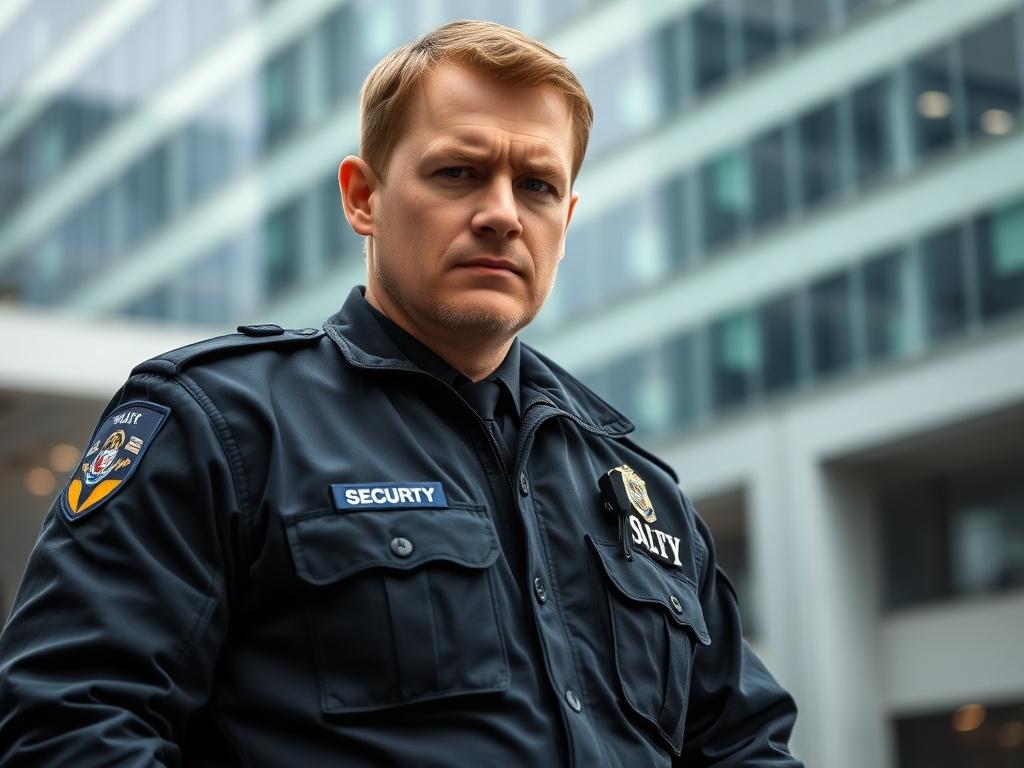 A Scottish man in a professional security uniform standing confidently with a focused expression. The background features a corporate office building, suggesting a secure environment. The composition highlights the man's professionalism and readiness to protect, with a simple and clear focus on him. The image is shot in high resolution with a close-up style, capturing the details of the uniform and the confidence in his stance.