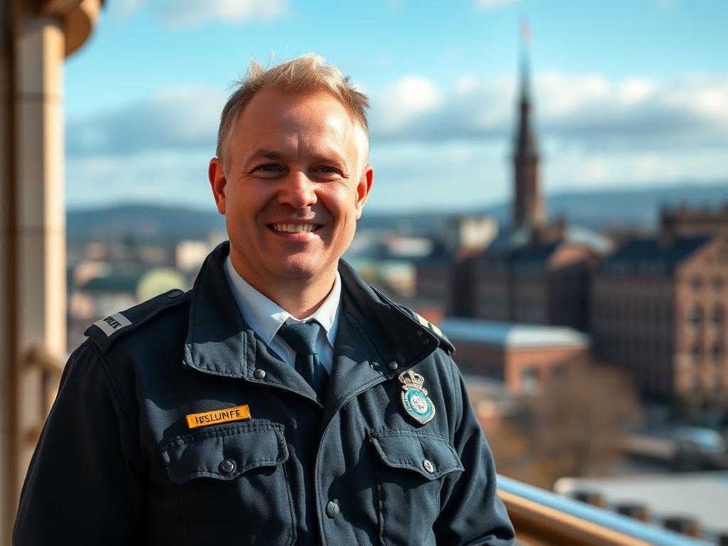 A highly detailed close-up photograph of a Scottish man in a security uniform, standing confidently with an approachable demeanor. The background should be simple and unobtrusive, showcasing a hint of a cityscape in Glasgow to suggest a professional security environment. The lighting should be bright and natural, emphasizing the uniform's details and the man's friendly expression. The image should evoke a sense of trust and professionalism.