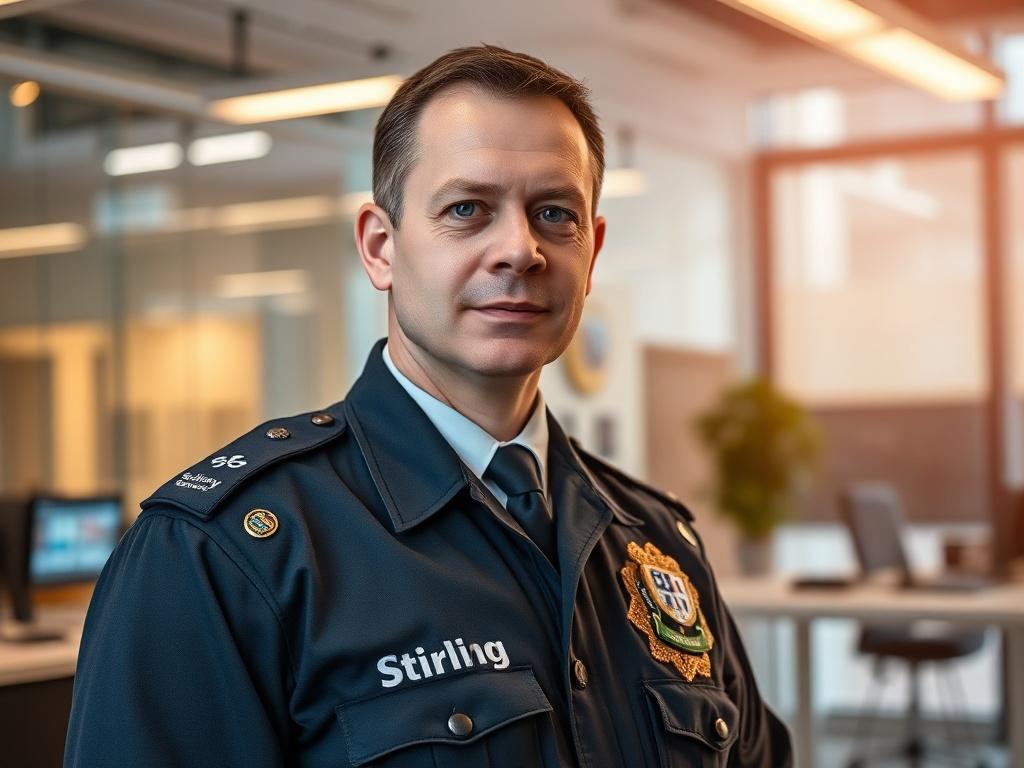 A highly detailed, hyper-realistic close-up shot of a Scottish security officer standing confidently in a corporate environment. The officer wears a professional uniform featuring the Stirling Security Services badge prominently displayed. The background shows a modern office setting, with hints of technology such as CCTV cameras and a security monitoring station. The lighting is warm and inviting, emphasizing the professionalism and dedication of the security officer.
