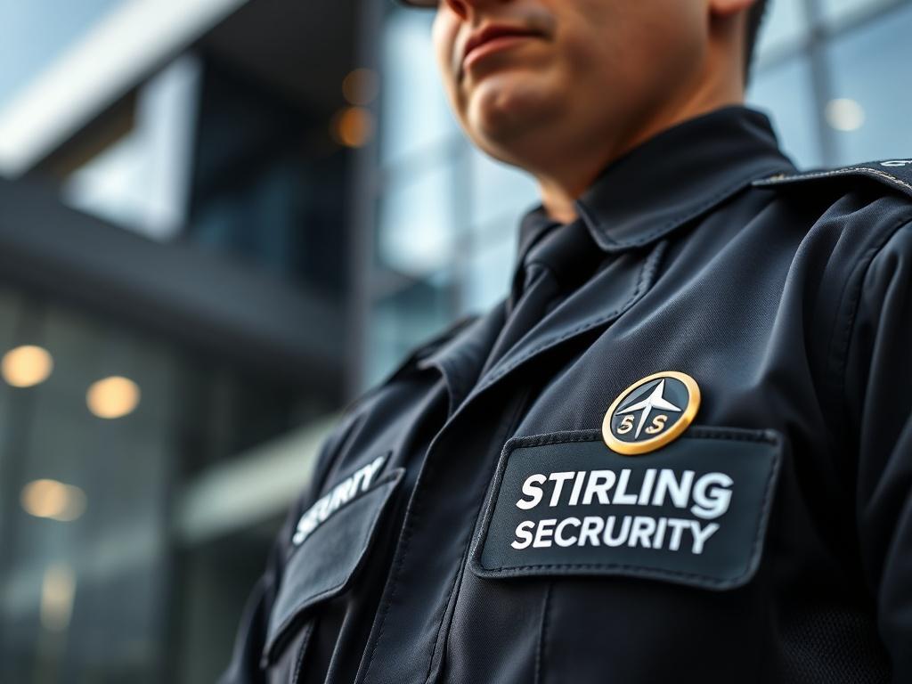 A close-up shot of a professional security officer in uniform standing guard at a corporate facility. The officer is wearing a Stirling Security Services badge prominently displayed. The background features a modern corporate building, showcasing a secure environment. The lighting is bright, emphasizing the professionalism and vigilance of the security personnel.