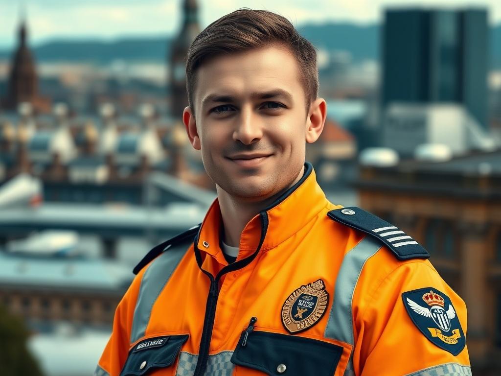 A highly detailed, realistic high-resolution photo of a Scottish security officer in uniform, standing confidently with a Stirling Security Services badge displayed prominently on their chest. The background features a blurred cityscape of Glasgow, showcasing iconic architecture. The officer is looking directly at the camera, exuding professionalism and vigilance, with a slight smile to convey approachability. The image should be composed simply, focusing solely on the officer, with vibrant colors that harm