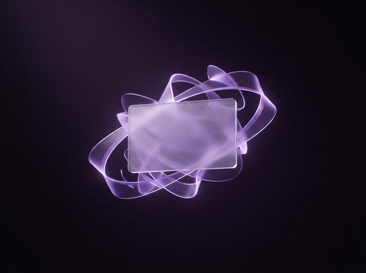 A luminous, translucent wallet card in a deep violet space