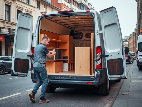 Professional man and van service loading furniture into a white van