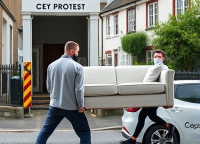 Professional movers carrying a sofa during furniture removal service