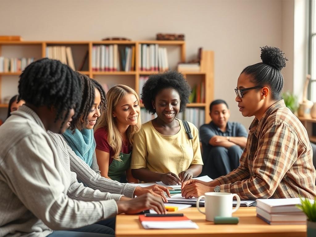 A community gathering with individuals engaged in skill acquisition training, with mentors guiding them. The setting is bright and welcoming, showcasing a blend of learning and collaboration. In the background, supportive resources such as books and tools are visible, illustrating empowerment through education.