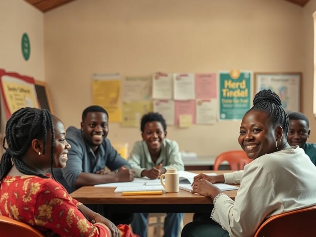 A community meeting with individuals discussing development projects, smiling faces,