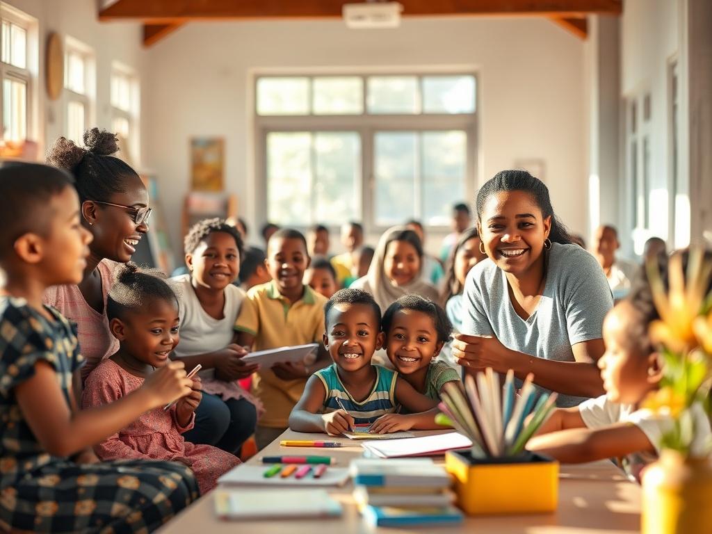 A lively community center scene where volunteers are assisting children