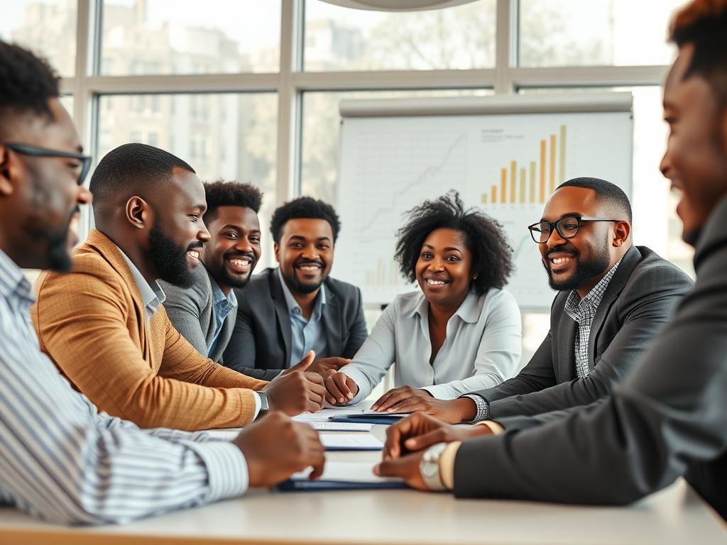 A close-up shot of a diverse group of African American investors engaged in a dynamic discussion around a table, showcasing enthusiasm and collaboration. The setting is a modern conference room with large windows allowing natural light to flood in, highlighting their focused expressions. The background features a whiteboard with growth charts and graphs, symbolizing progress and opportunity. The colors in the room reflect a warm and inviting atmosphere, enhancing the sense of teamwork and shared vision.