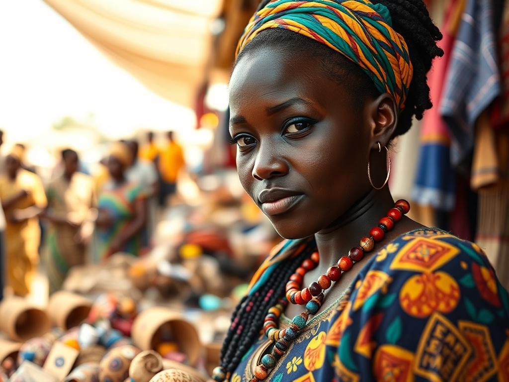 A close-up shot of a vibrant market scene in Africa, showcasing young entrepreneurs engaging in trade. The focus is on a young African woman selling handmade crafts, with colorful goods displayed prominently. The background features a bustling market atmosphere with other vendors and customers interacting. The composition should be simple and clear, highlighting the energy and potential of African markets, captured with a 45mm f/1.2 lens style.