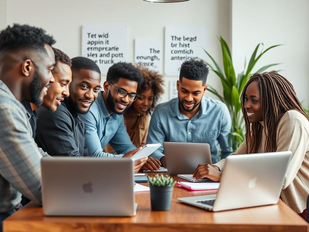 A high-resolution close-up shot of a diverse group of young African entrepreneurs brainstorming in a modern office setting, with laptops and notepads on the table, showcasing collaboration and innovation. The background includes inspirational quotes on the wall and plants for a fresh atmosphere.
