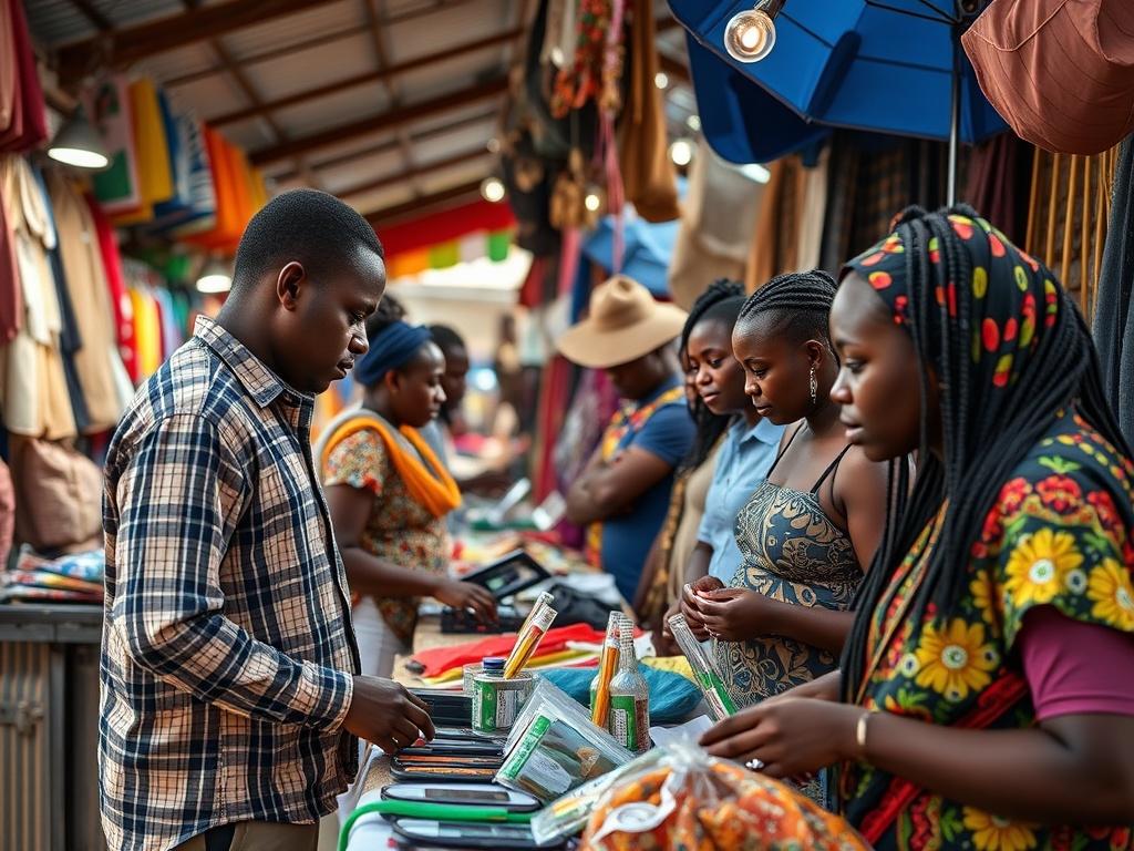A high-resolution close-up shot of a vibrant marketplace showcasing African youth entrepreneurs selling products in technology, agribusiness, and renewable energy sectors, with colorful displays and engaged customers, reflecting innovation and economic activity.