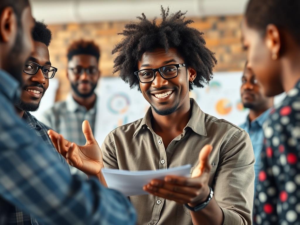 A high-resolution close-up shot of a passionate African mentor guiding a group of young entrepreneurs in a creative workspace, with charts and business plans visible in the background, symbolizing mentorship and collaboration.