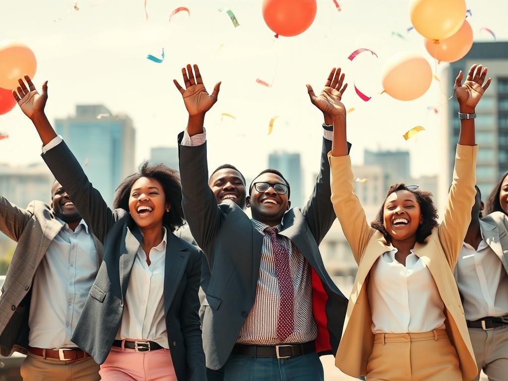 A vibrant celebration scene featuring a diverse group of young African business people joyfully raising their arms in triumph after receiving funding. The setting is outdoor with a sunny background, showcasing a modern cityscape in the distance. The group consists of men and women dressed in professional yet stylish attire, displaying a mix of excitement and camaraderie. Balloons and confetti fill the air, adding to the festive atmosphere, with smiles and laughter visible on their faces. The focus is on the