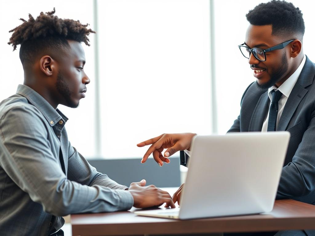 A close-up shot of an African American business person mentoring a young African youth. The business person, dressed in professional attire, is engaged in a conversation, pointing at a laptop open on a table between them. The young person, in casual clothing, looks attentive and inspired. The setting is a bright, modern office space with large windows allowing natural light to flood in. The background is simple and uncluttered, focusing on the interaction between the mentor and the mentee.