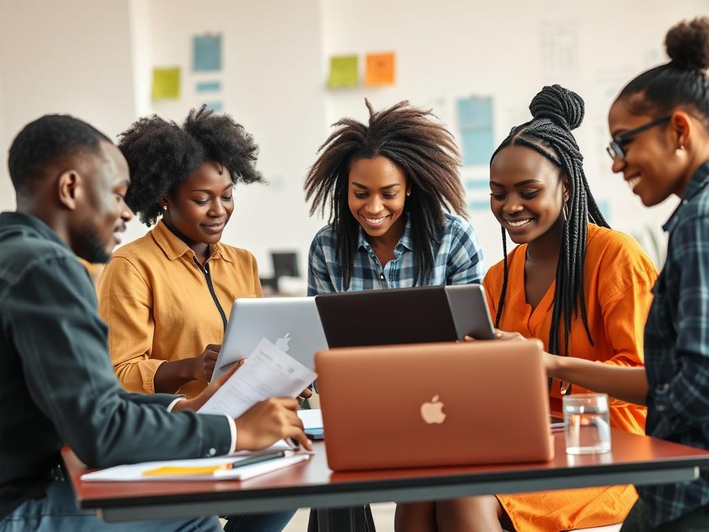 A vibrant scene depicting a diverse group of young African