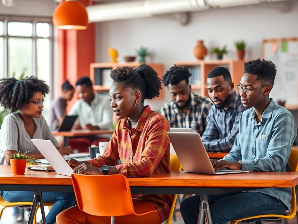 A busy startup environment showcasing young African entrepreneurs working on