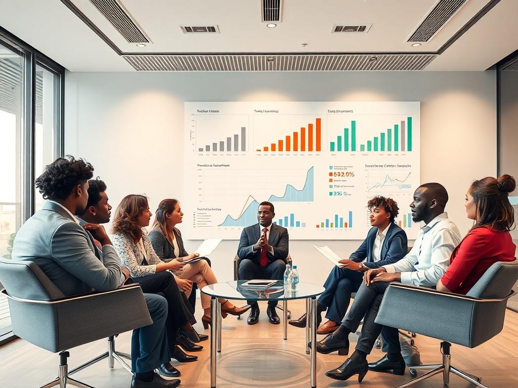 A group of diverse investors in a modern conference room,