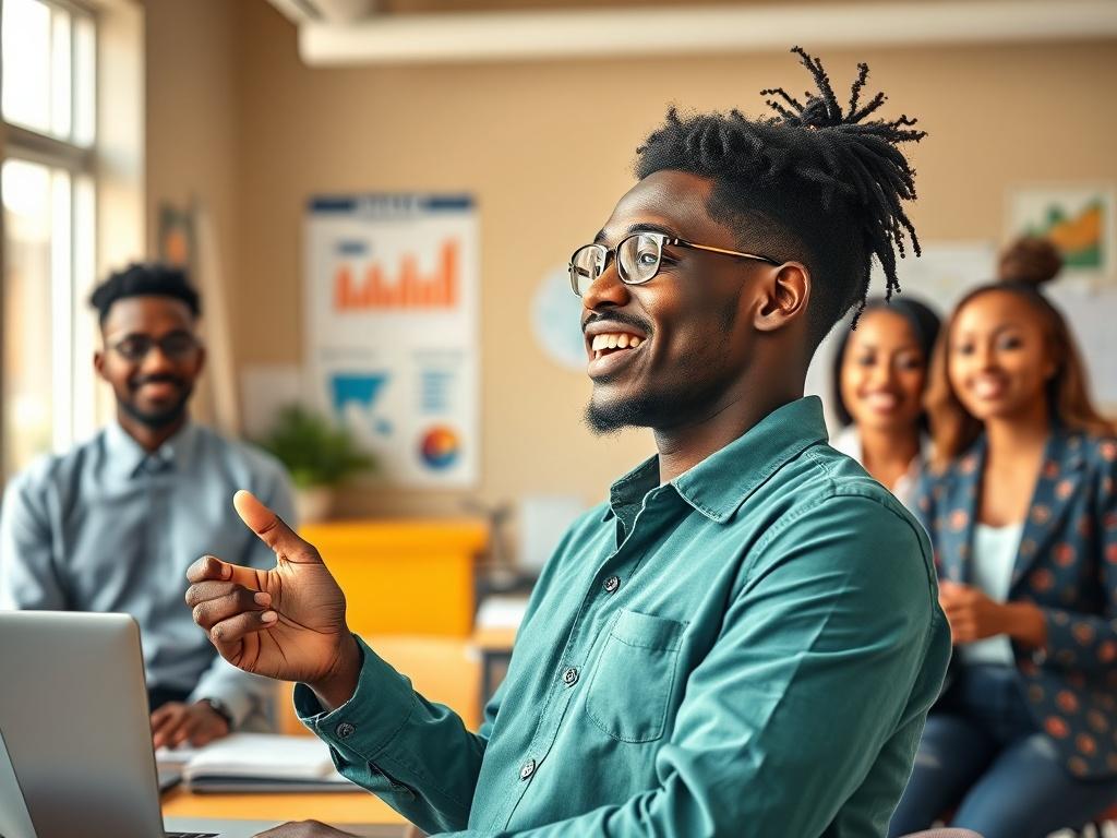 A vibrant, young African entrepreneur passionately presenting their business idea