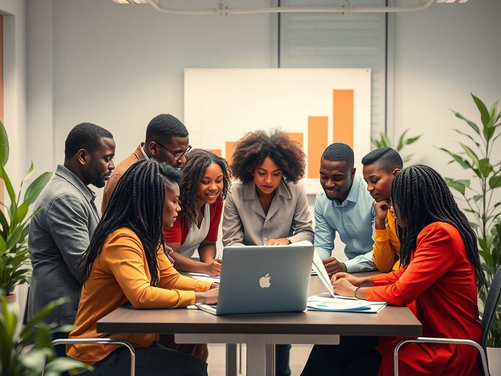 A dynamic scene depicting a group of young African professionals
