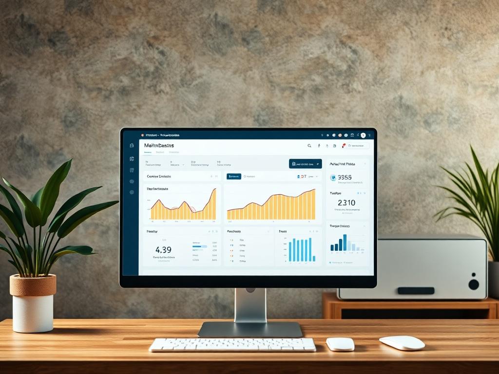 A high-resolution image of a cloud-based maintenance dashboard displayed on a computer screen, with graphs and alerts visible. The background should evoke a professional workspace, featuring natural tones and textures.