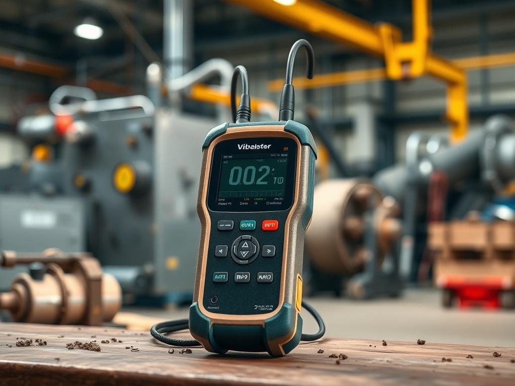 A realistic image of a handheld vibration signal analyzer with a digital display, set against a backdrop of industrial equipment. The environment should reflect a clean, modern workspace with earthy tones.