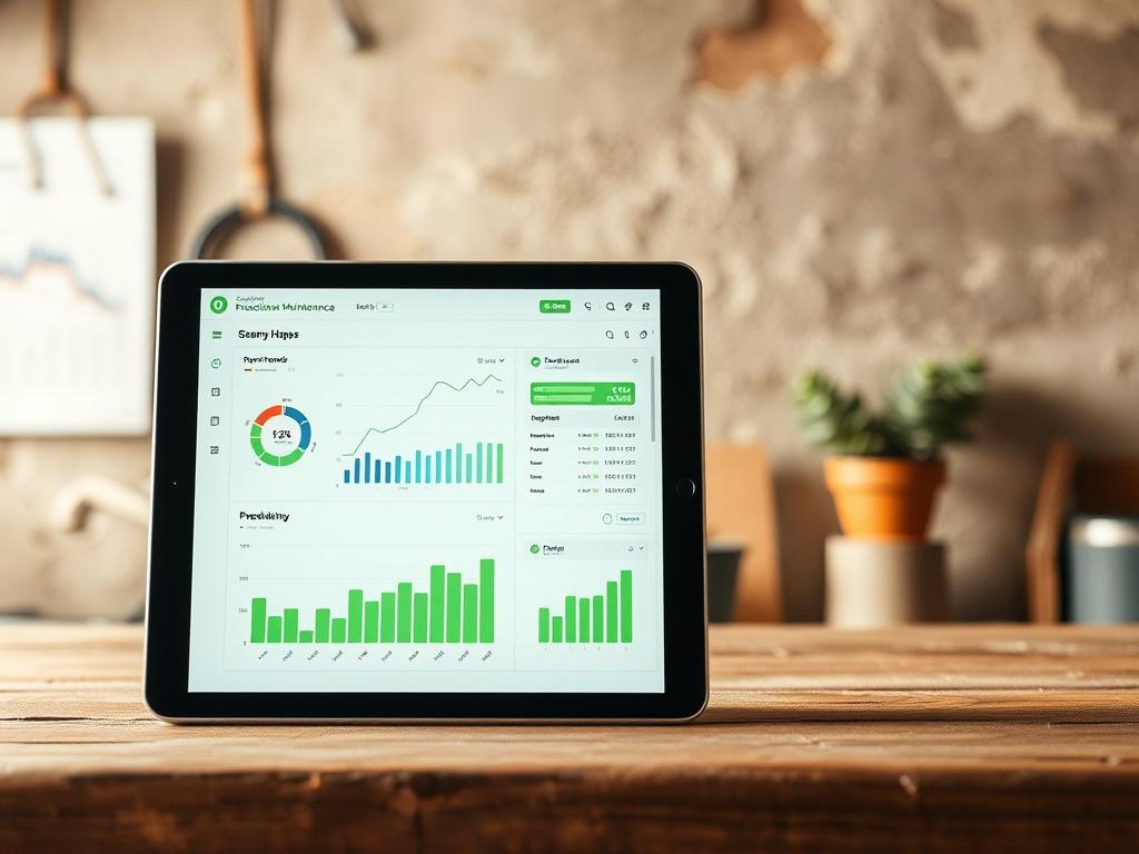 A clean and green software interface displayed on a digital tablet, showing graphs and analytics related to predictive maintenance. The background should have a rustic aesthetic with earthy textures, depicting a workspace environment.