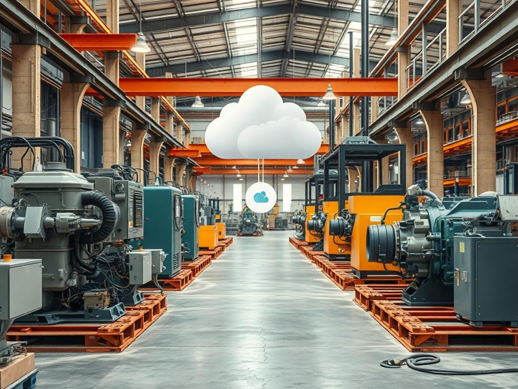 A high-resolution image depicting an IIoT setup in an industrial environment, showcasing machinery connected to the cloud with visible data streams. The background should be a modern factory setting, featuring earthy tones and textures, emphasizing a clean and green aesthetic.