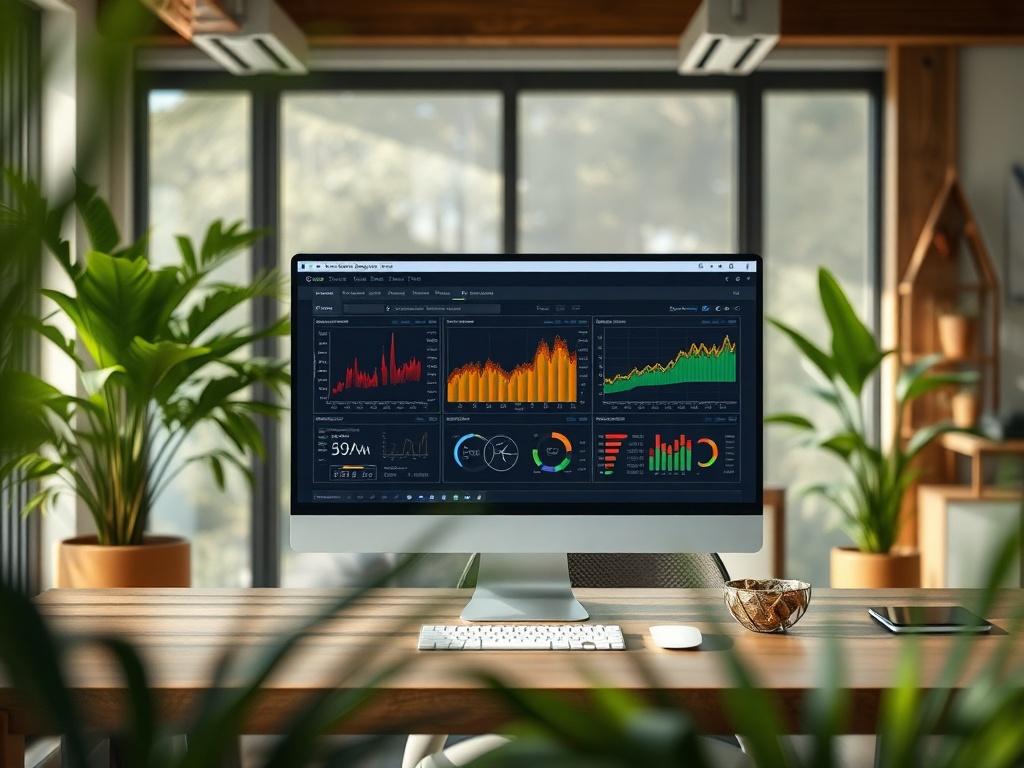 A high-resolution image of a computer screen displaying advanced vibration analysis software, with colorful graphs and data visualizations. The setting should be a modern office environment with natural light, showcasing a clean and green aesthetic, featuring earthy textures and tones.
