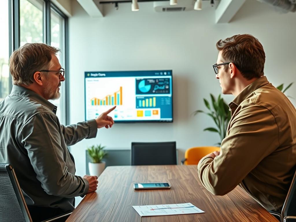A high-resolution image of a maintenance consultant engaging with a client in a modern conference room. The consultant is pointing at a digital display showing predictive maintenance data, while the client appears focused and engaged. The room should have a clean and green aesthetic, featuring earthy textures and natural lighting.