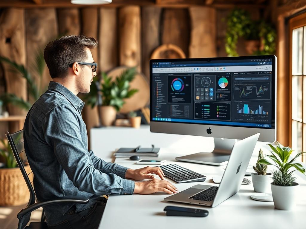 A realistic high-resolution photo of a modern office workspace showcasing a professional at a desk using advanced technology to automate workflows. The scene should include a sleek computer displaying software interfaces, with natural light streaming in through a window. The background should feature earthy textures like wooden accents and greenery, creating a grounded and inviting atmosphere.