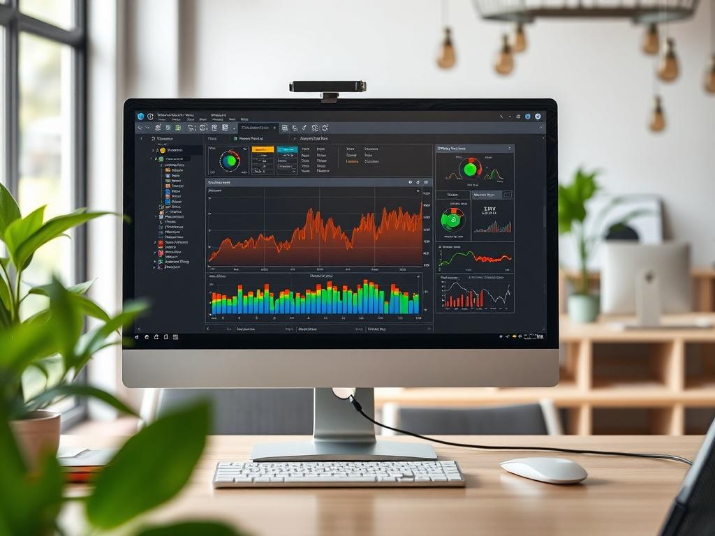 A realistic high-resolution photo of a computer screen displaying vibration analysis software with colorful graphs and data. The setting should be a clean, modern office environment with natural light, showcasing a professional atmosphere that aligns with a green aesthetic.