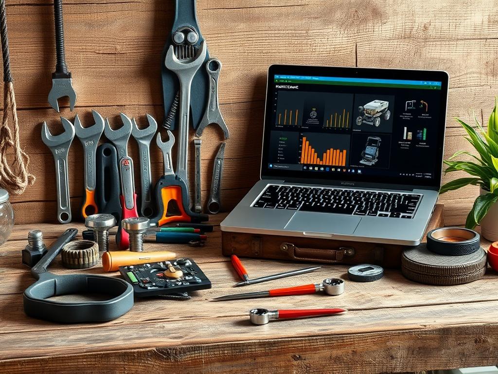 A realistic high-resolution photo of a well-organized maintenance toolkit on a rustic wooden workbench. The toolkit should include various tools like wrenches, screwdrivers, and a laptop displaying maintenance software. The background should have soft natural lighting and earthy tones to reflect a clean and green aesthetic.